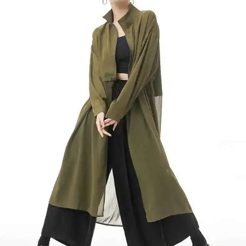 Load image into Gallery viewer, Women Army Green Big Size Mesh Long Trench New Stand Collar Long Sleeve Windbreaker Fashion Spring Autumn 2025 1DH4273
