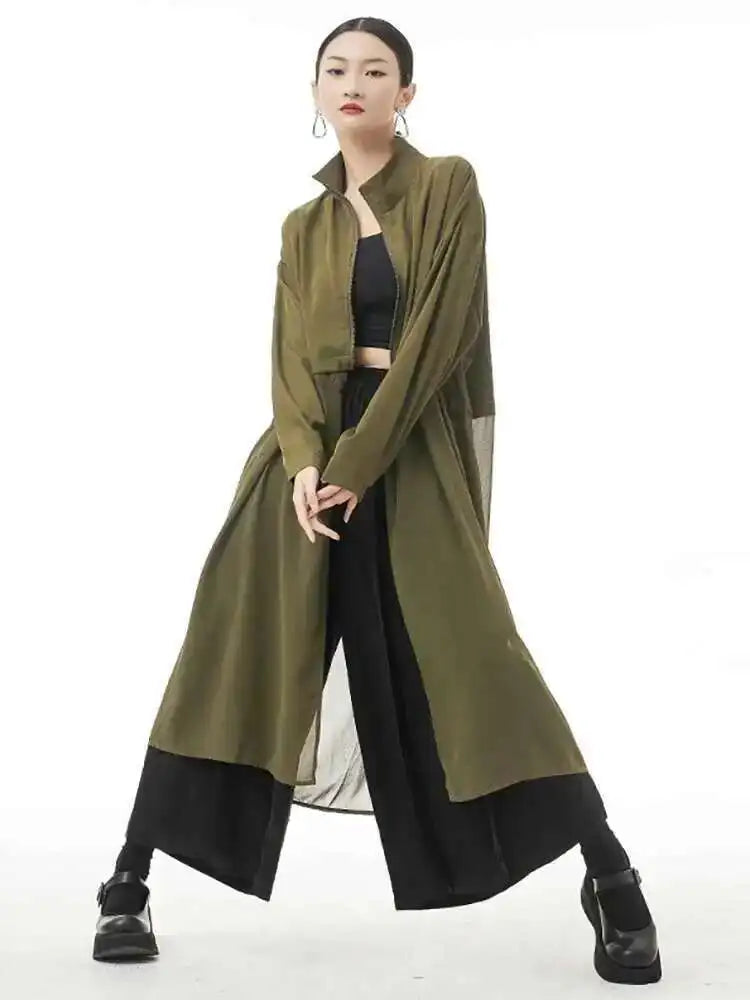 Women Army Green Big Size Mesh Long Trench New Stand Collar Long Sleeve Windbreaker Fashion Spring Autumn 2025 1DH4273