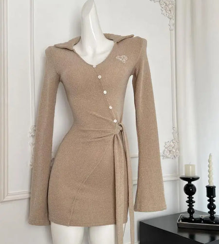 Korean Brown V-neck Temperament Office Long Sleeve Button Bandage Short Dress For Women 2024 Autumn White New Knitted Mini Dress