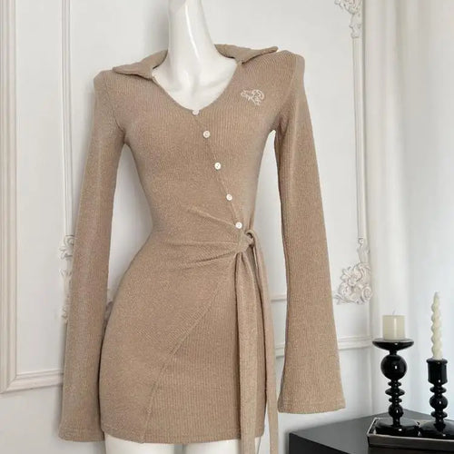 Load image into Gallery viewer, Korean Brown V-neck Temperament Office Long Sleeve Button Bandage Short Dress For Women 2024 Autumn White New Knitted Mini Dress
