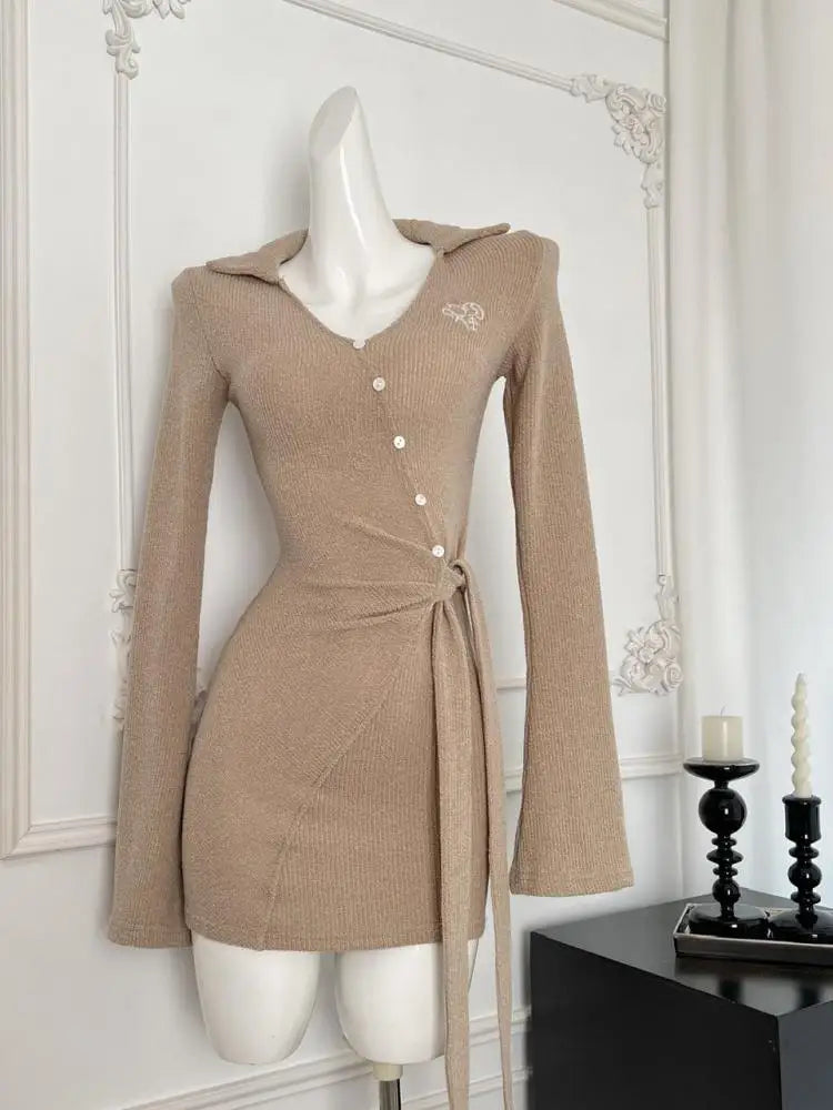 Korean Brown V-neck Temperament Office Long Sleeve Button Bandage Short Dress For Women 2024 Autumn White New Knitted Mini Dress