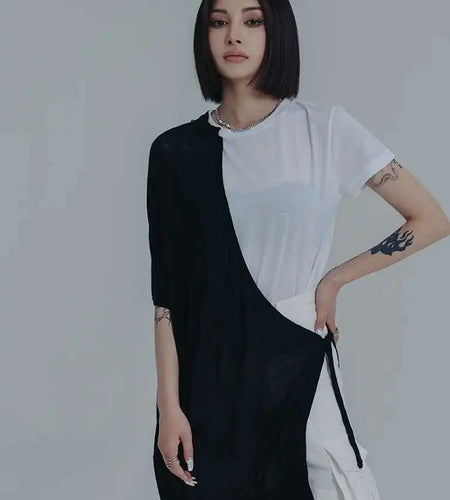 Women White Color-block Irregular Casual T-shirt New Round Neck Short Sleeve Fashion Tide Spring Summer 2025 1DE8091