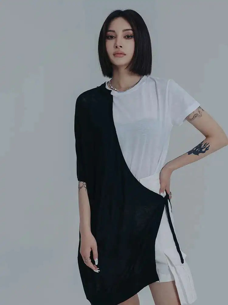 Women White Color-block Irregular Casual T-shirt New Round Neck Short Sleeve Fashion Tide Spring Summer 2025 1DE8091