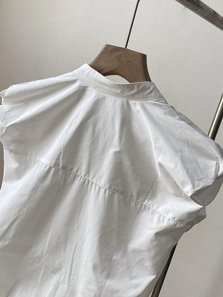 Women White Shaped Elegant Vintage Blouse New Stand Collar Sleeveless Shirt Fashion Tide Spring Summer 2025 1DJ1479