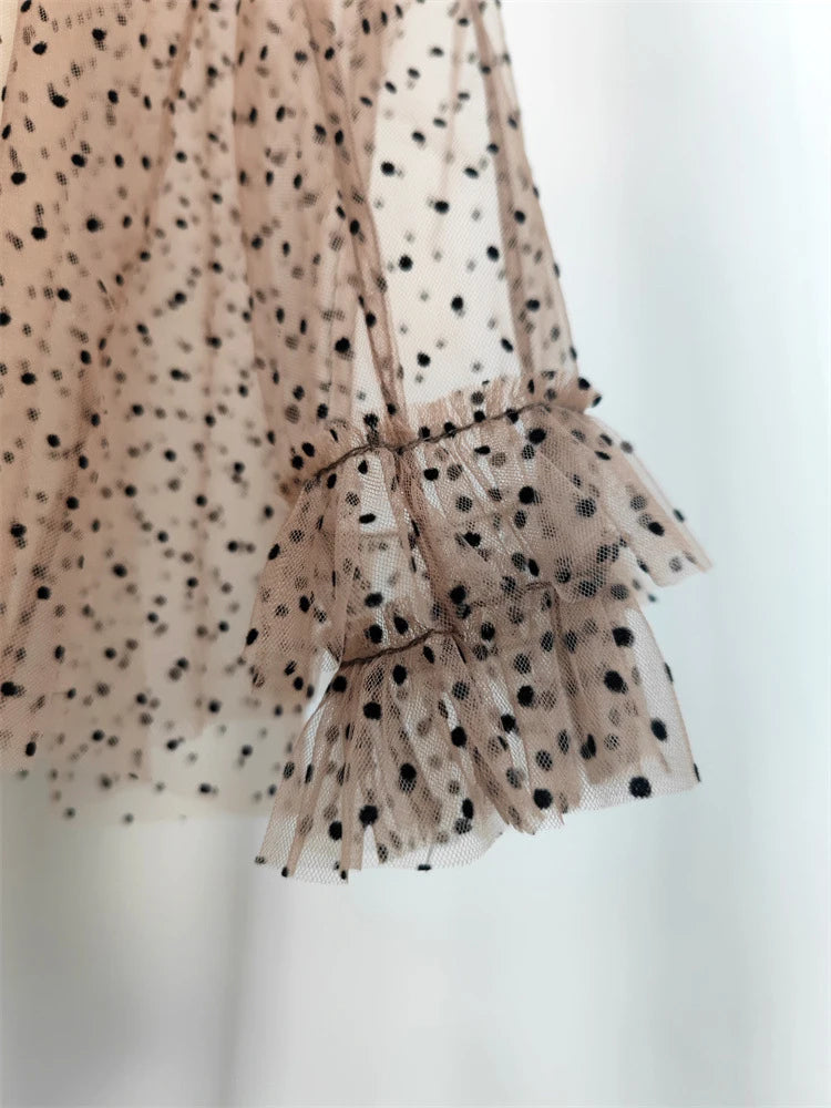 Women Brown Mesh Dot Ruffles Thin Blouse New Stand Collar Long Sleeve Shirt Fashion Tide Spring Summer 2025 1DJ1483