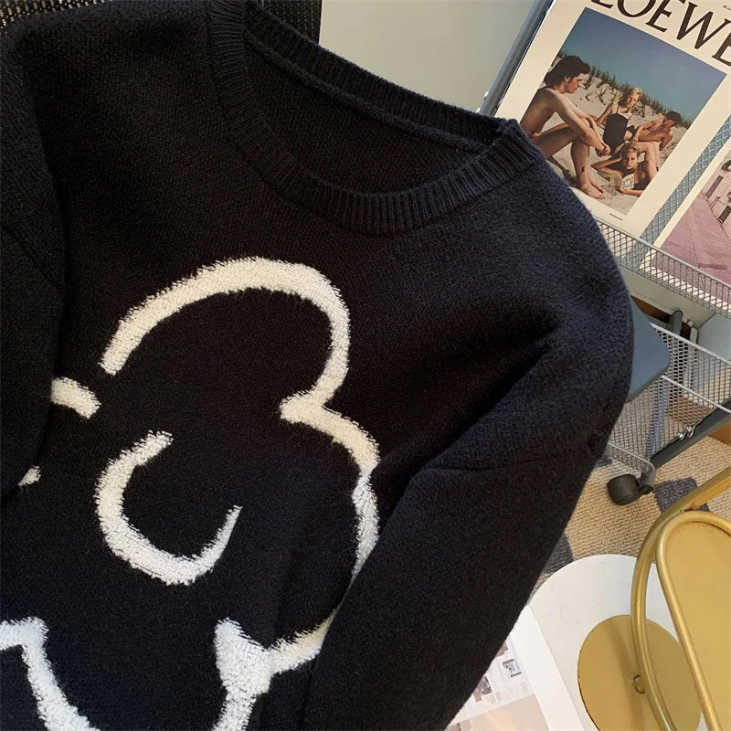 Korean Women's Black White Patchwork Long Sleeve Round Neck Sweater Autumn Winter Loose Elegant Knitted Pullover Top Thick Trend