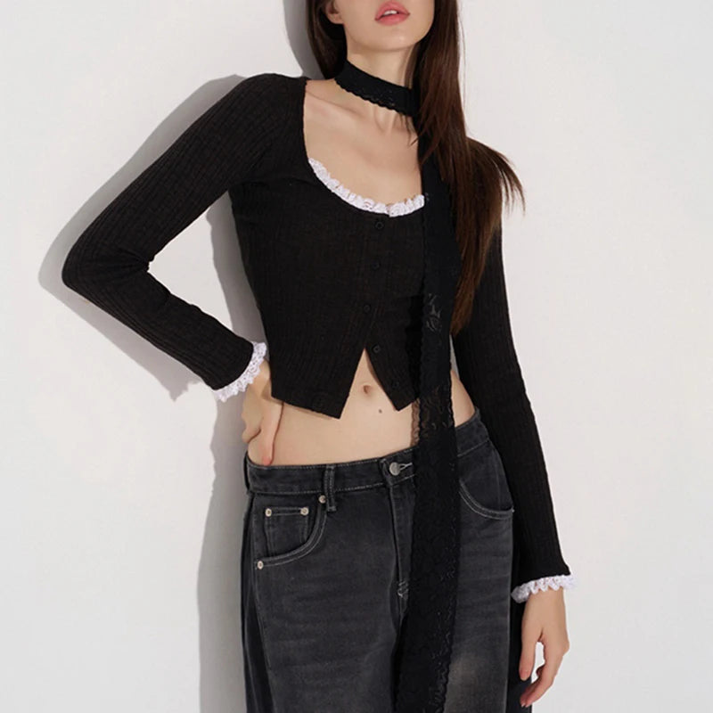 Fashion Knit Ribbed Chic Autumn T-shirt for Women Basic Buttons Up Lace Patched Korean Top Short Sweet Cottagecore