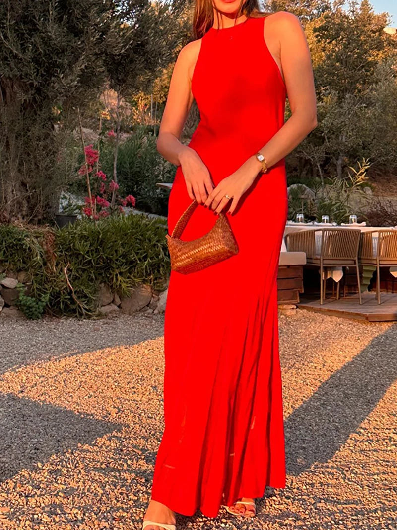 Red Sleeveless Knit Dress For Women Fashion Hollow Out O Neck Pleated Maxi Dress Ladies Solid Beach Party Long Dress