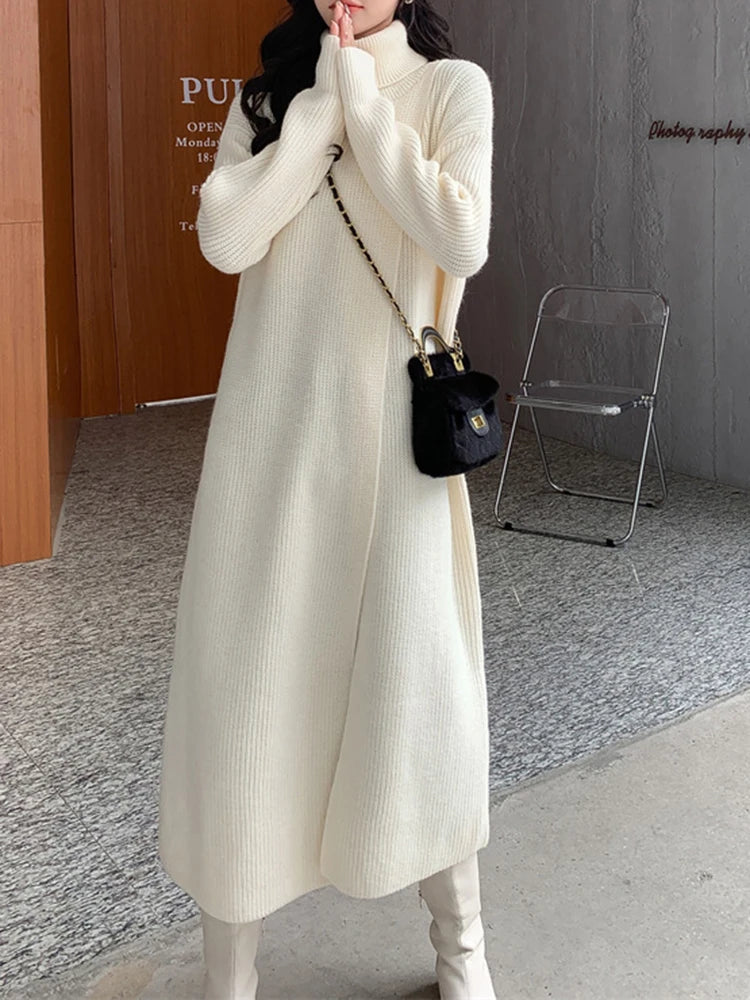 Women Orange Knitting Long Slit Big Size Dress New Turtleneck Long Sleeve Loose Fit Fashion Spring Autumn 2025 1DE5886