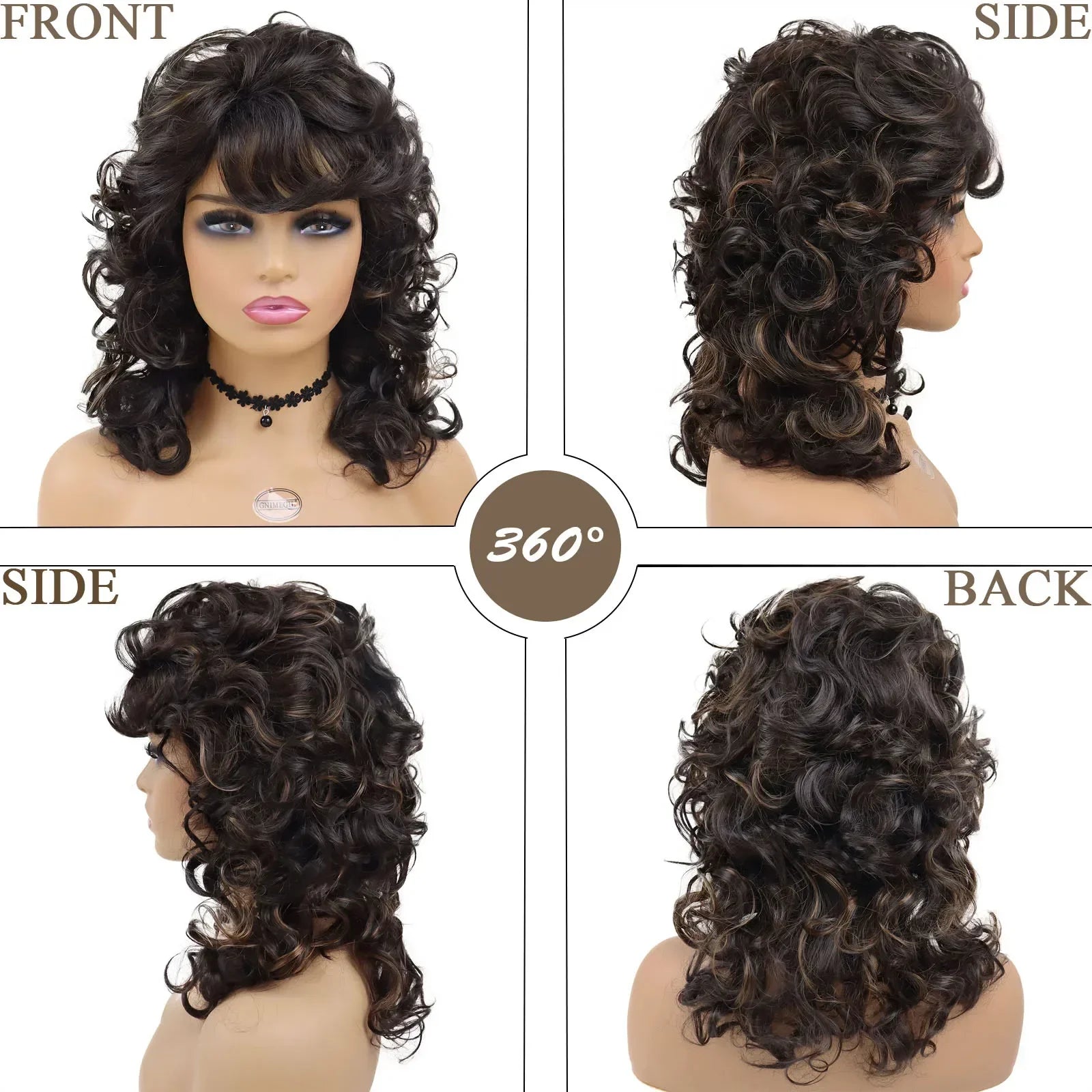 Vintage Synthetic Long Curly Wigs with Bangs Brown Black Women Wig Highlights African American Curls Wave Natural Wigs for Woman