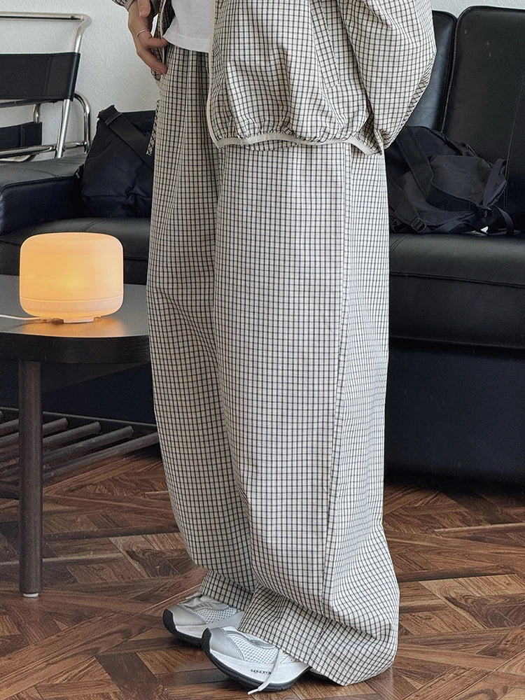 High Elastic Waist Beige Plaid Casual Long Wide Leg Pants New Trousers Women Fashion Tide Spring Autumn 2025 1DJ0867