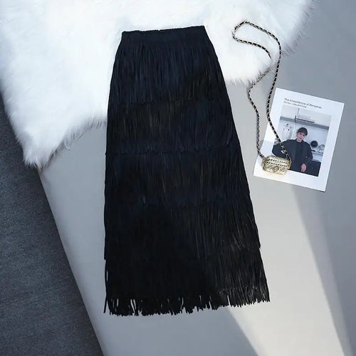 Load image into Gallery viewer, Five-layer Fringed Cake Skirt Women All-match Slim Elastic Waist Design Straight Tube Skirt Tassel Hem Solid Midi Skirts Female
