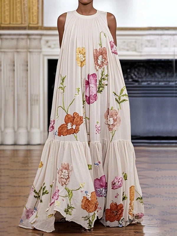 Summer Vacations Sleeveless Maxi Dresses Women 2025 Floral Printed Pleated Woman Elegant Vintage Evening Long Dresses