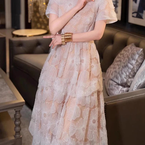 Load image into Gallery viewer, Hit Color Slimming Casual Elegant Dresses For Women O Neck Short Sleevehigh Waist Temperament Long Dress Female New
