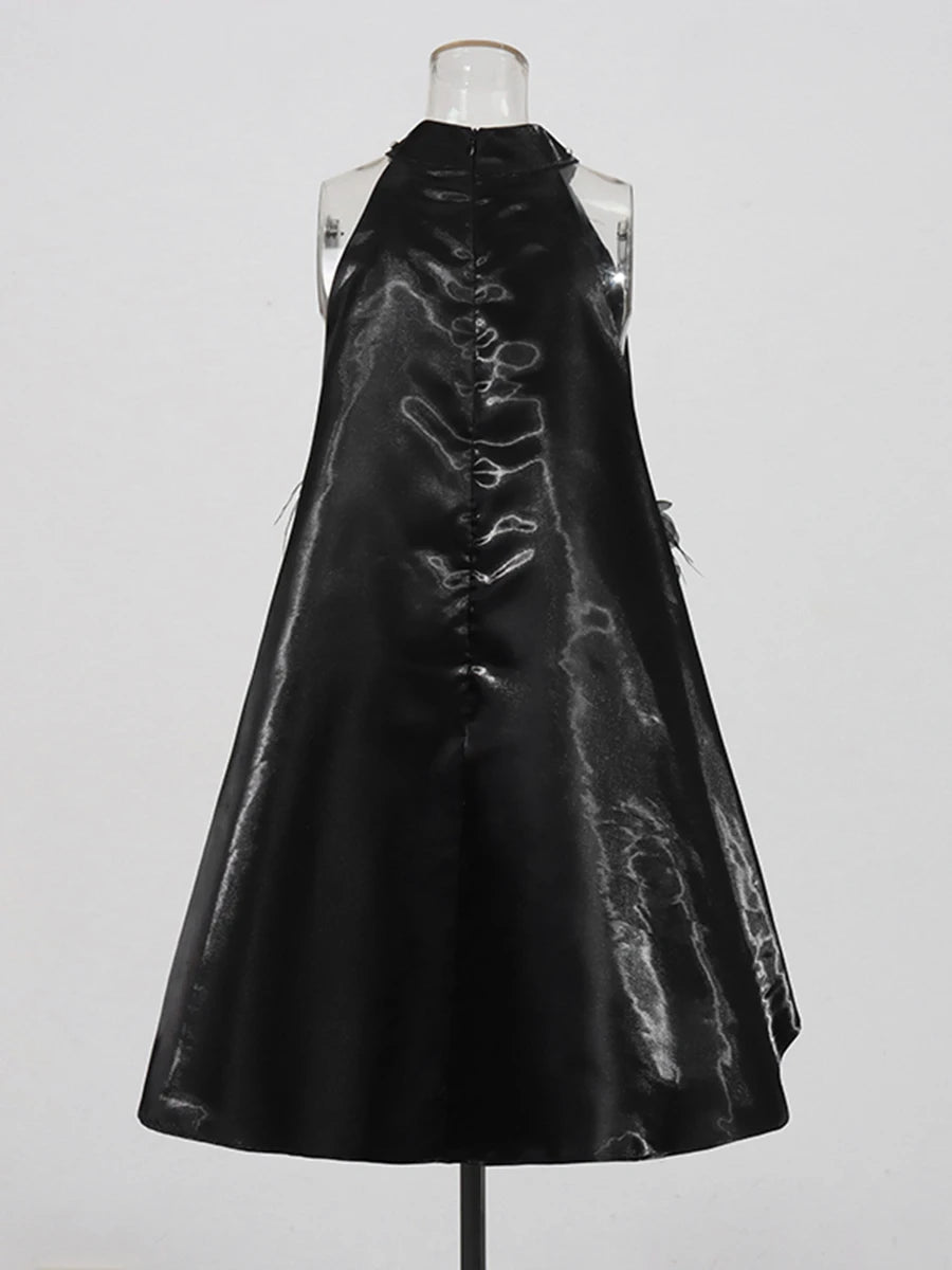 Solid Spliced Appliques Loose Dresses For Women O Neck Sleeveless High Waist Temperament Mini Dress Female Fashion