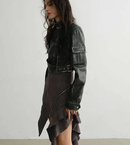 PU Leather Green Pocket Vintage Short Jacket New Stand Collar Long Sleeve Women Coat Fashion Spring Autumn 2025 1DH7220