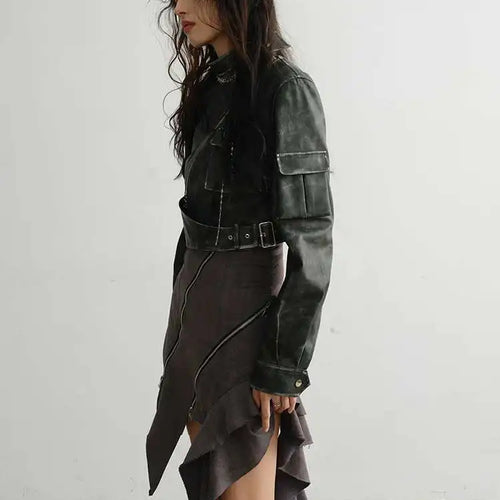 Load image into Gallery viewer, PU Leather Green Pocket Vintage Short Jacket New Stand Collar Long Sleeve Women Coat Fashion Spring Autumn 2025 1DH7220
