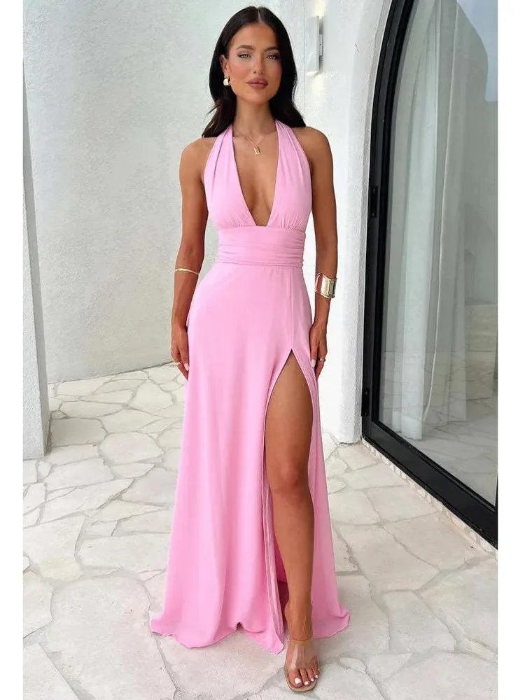 Elegant Sleeveless Open Back High Split Dress Women Slim Lace Up Evening Dress Female Elegance Club Party Vestidos 2024