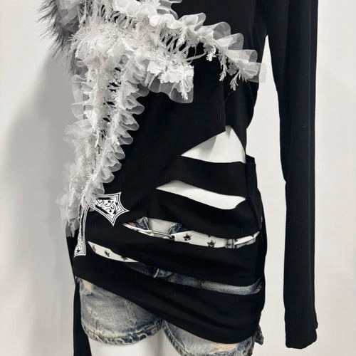 Load image into Gallery viewer, Y2k Aesthetic Fur Patchwork Skew Collar Sexy T-shirts Harajuku Lace Cross Slim Tops Women Streetwear Grunge Hollow Out Tees

