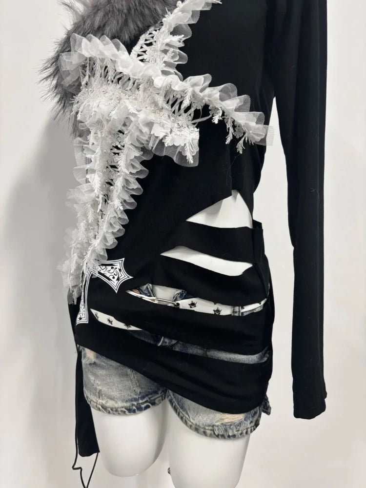 Y2k Aesthetic Fur Patchwork Skew Collar Sexy T-shirts Harajuku Lace Cross Slim Tops Women Streetwear Grunge Hollow Out Tees