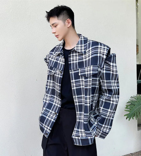 Trendy Off Shoulder Design Male Jacket Multi Pockets Niche Plaid Turn-down Collar Top 2025 Spring Fashion Tide 9W1278