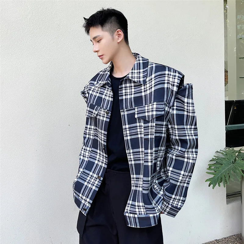 Trendy Off Shoulder Design Male Jacket Multi Pockets Niche Plaid Turn-down Collar Top 2025 Spring Fashion Tide 9W1278