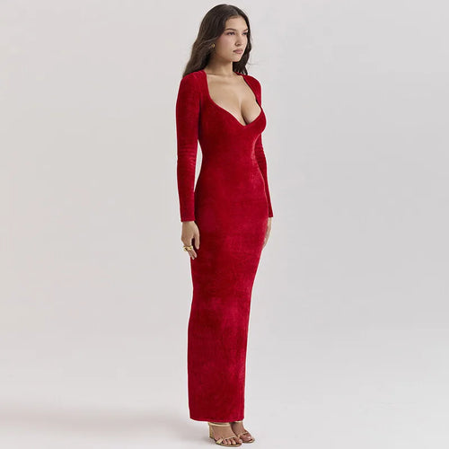 Load image into Gallery viewer, Velvet Long Sleeve Sexy Maxi Dress For Women Elegant V Neck Back Slit Bodycon Sexy Club Party Dress Clubwear Dresses
