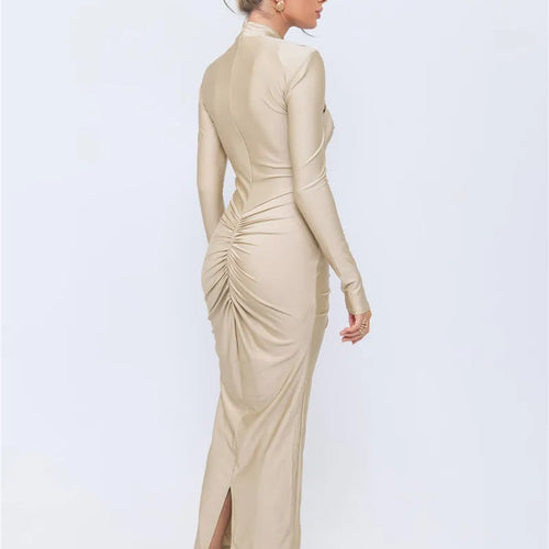 Load image into Gallery viewer, Hollow Out Long Sleeve Sexy Maxi Dress For Women Gown Autumn Winter New Metal Buckle Ruched Slit Long Dress Elegant
