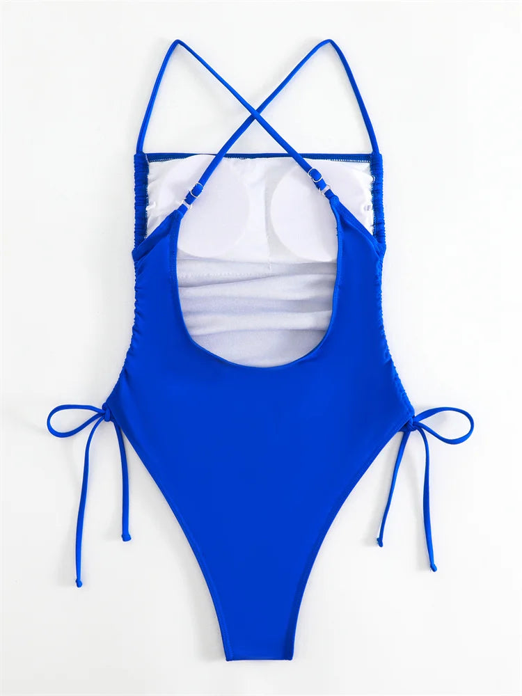 Halter One Piece Swimsuit Women 2024 Sexy Bandeau Swimwear Drawstring Bathing Suit for Women Backless Monokini