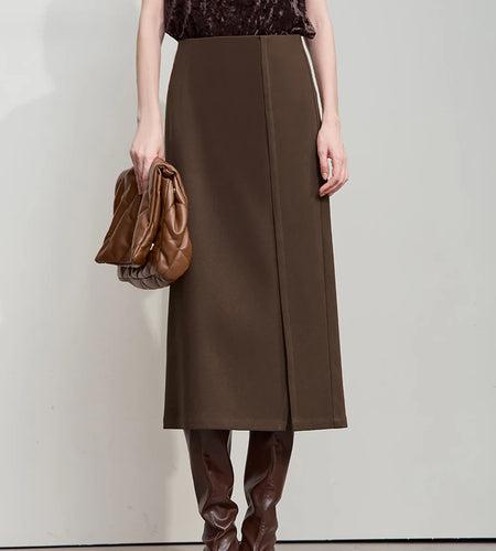 Minimalist Women Brown Skirts 2025 Autumn Retro Brushed Twill Side Slit Office Lady Midi Skirts Woman Clothing 12543057