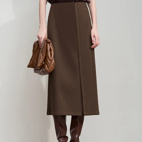 Minimalist Women Brown Skirts 2025 Autumn Retro Brushed Twill Side Slit Office Lady Midi Skirts Woman Clothing 12543057