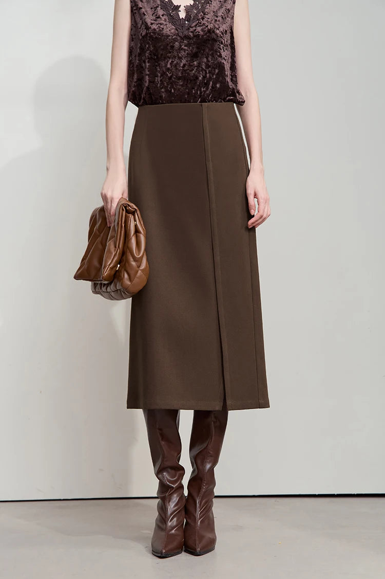 Minimalist Women Brown Skirts 2025 Autumn Retro Brushed Twill Side Slit Office Lady Midi Skirts Woman Clothing 12543057