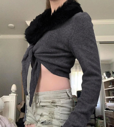 Fashion Fluffy Autumn T shirt Female Faux Fur Trim Collar Crop Top Cardigan Vintage Front Tie-Up Sexy Outwear Jacket