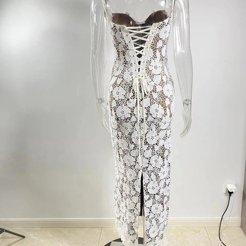 Load image into Gallery viewer, Floral Embroidery Sexy Maxi Dress For Women Fashion Spaghetti Strap Sleeveless Backless Lace-up Club Party Long Dress
