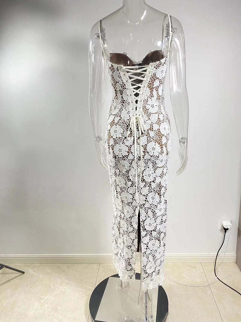 Floral Embroidery Sexy Maxi Dress For Women Fashion Spaghetti Strap Sleeveless Backless Lace-up Club Party Long Dress