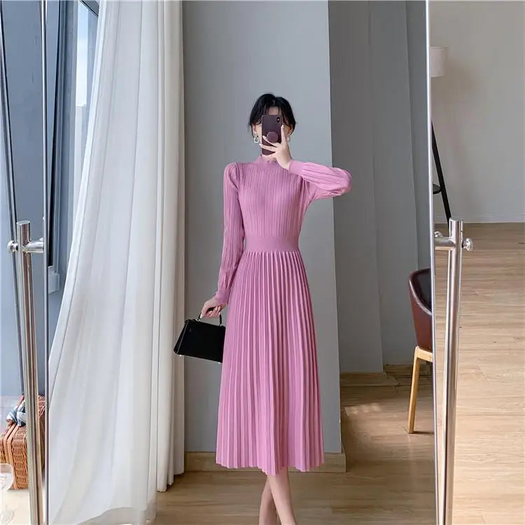 Autumn Lady Fashion Black Half High Collar Knit Long Dress White Temperament Long Sleeve Elegant Ladies Pink Evening Party Dress