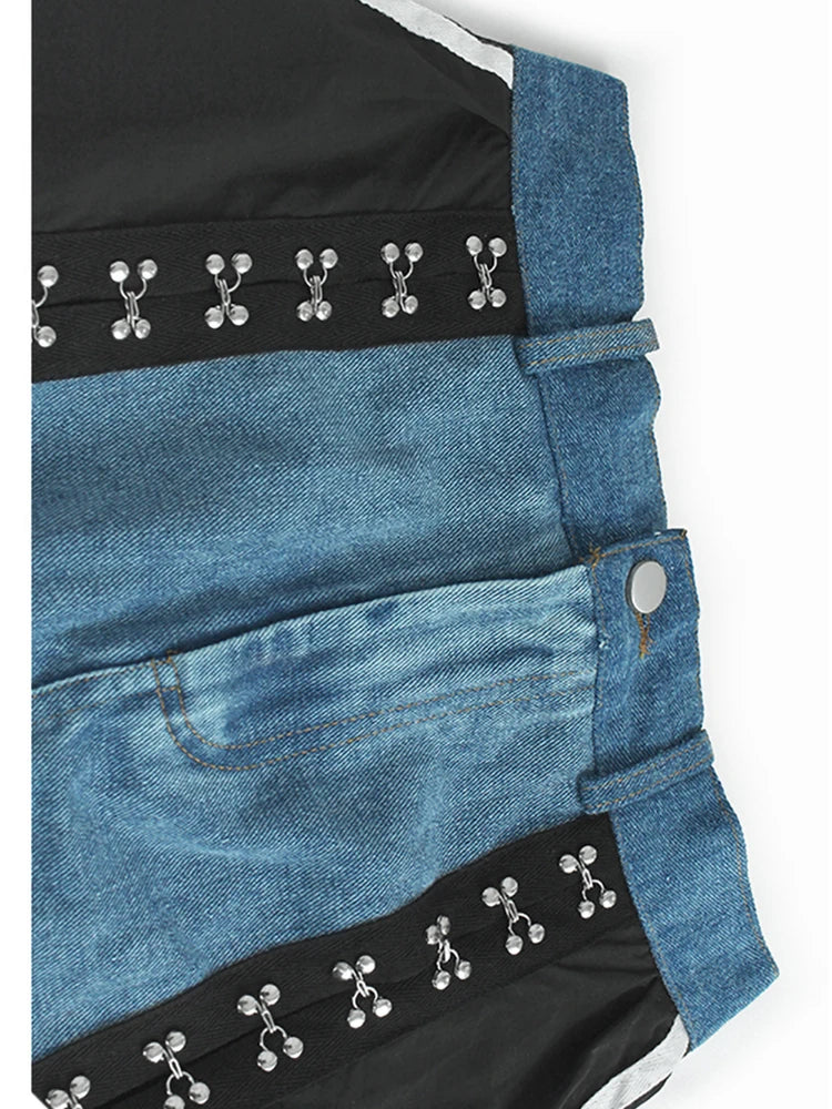 High Elastic Waist Blue Denim Color-block Rivet Long A-line Half-body Skirt Women Fashion New Spring Autumn 2025 1DH8211