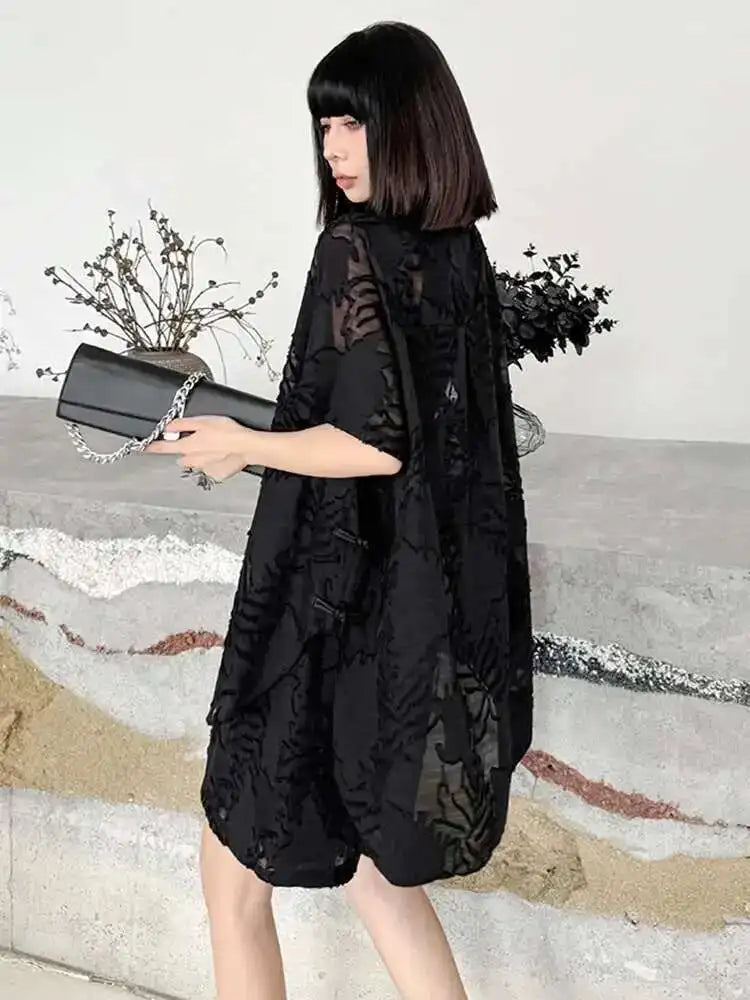 Black Jacquard Shirt Wide Leg Shorts Two Piece Suit New Lapel Short Sleeve Women Fashion Tide Spring Summer 2025 1DH5817