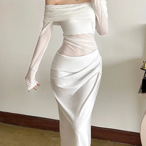 Load image into Gallery viewer, Elegant Mesh Patchwork One Shoulder Dress For Women 2025 New Women Sexy Mesh Perspective Long Dress Party Evening Dress
