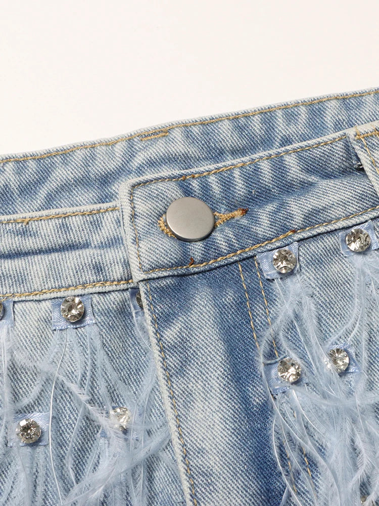 Patchwork Diamonds Designer Denim Shorts For Women High Waist Spliced Feathers Casual Short Pants Female Fashion