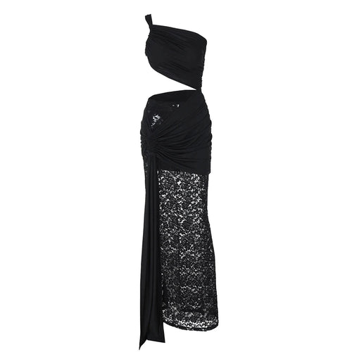 Load image into Gallery viewer, Hollow Out Lace Draped Sexy Maxi Dress For Women Gown Fashion One Shoulder Sleeveless Backless Bodycon Long Dress
