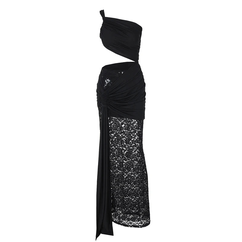 Hollow Out Lace Draped Sexy Maxi Dress For Women Gown Fashion One Shoulder Sleeveless Backless Bodycon Long Dress