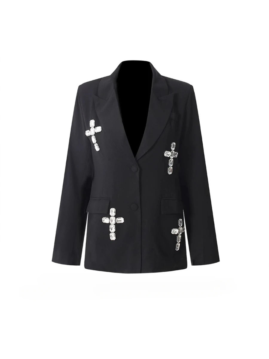 Solid Spliced Diamonds Elegant Blazers for Women Lapel Long Sleeve Temperament Coat Female Style