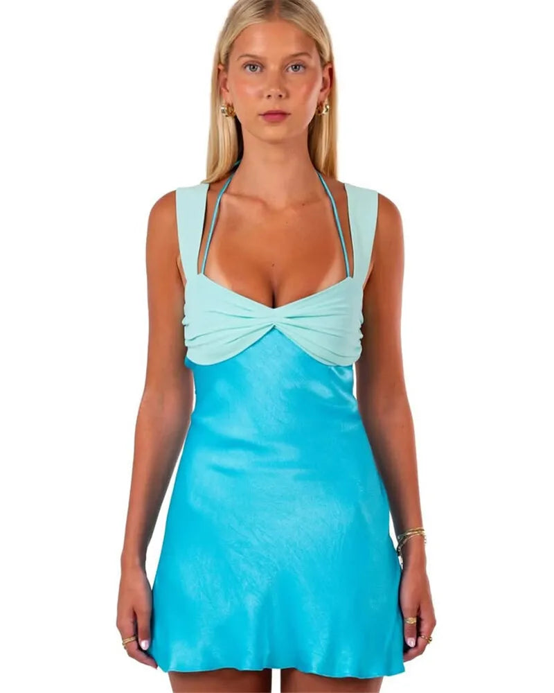 Patchwork Sleeveless Sexy Mini Dress For Women Robe Satin Strapless Backless Lace-up High Waist A-line Club Dress