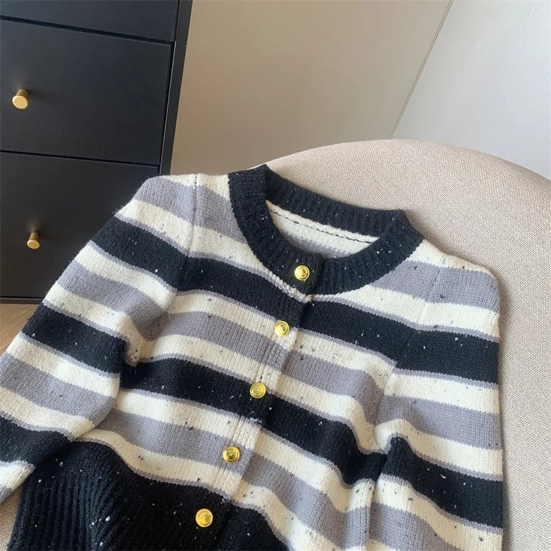 Autumn Winter Red Bright Silk Patchwork Cardigan Sweaters Women Black Striped Long Sleeve Loose Round Neck Knited Tops Outerwear