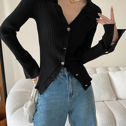 Load image into Gallery viewer, Solid Knitting Sweaters For Women Lapel Long Sleeve Single Breasted Slimming Casual Cardigans Female Fashion New
