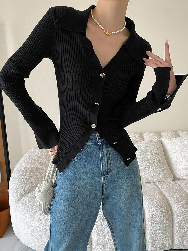 Solid Knitting Sweaters For Women Lapel Long Sleeve Single Breasted Slimming Casual Cardigans Female Fashion New