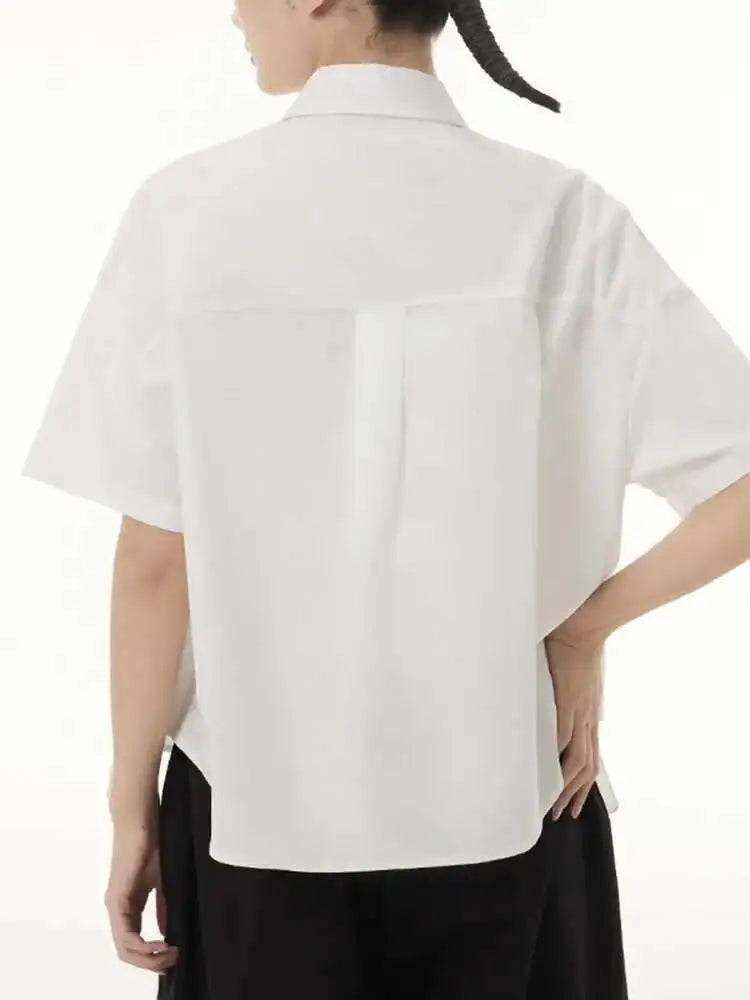 Women White Irregular Pleated Ribbons Big Size Blouse New Lapel Short Sleeve Shirt Fashion Tide Spring Summer 2025 1DH6566