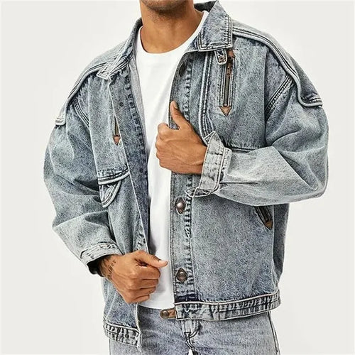 Load image into Gallery viewer, Autumn Men Denim Jacket Solid Color Male Lapel American New Stylish Outwear Washed Patchwork Multi-pocket 12A5983
