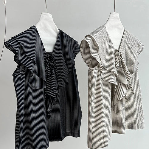 Load image into Gallery viewer, Women Navy Blue Ruffles Striped Elegant  Blouse New V-Neck Short Sleeve Shirt Fashion Tide Spring Summer 2025 1DJ1697
